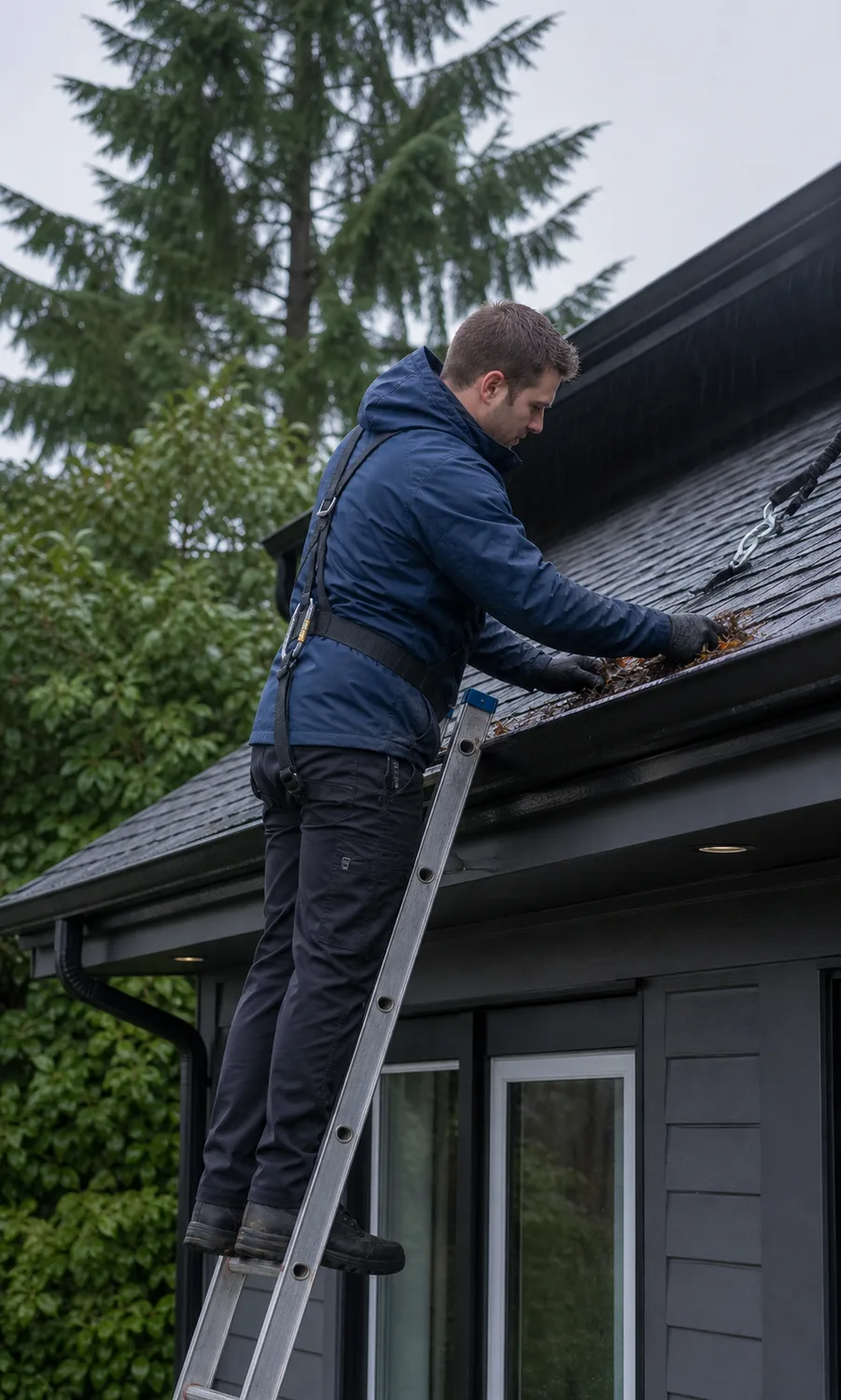 Technician clearing a rain-darkened residential gutter on a Lower Mainland home